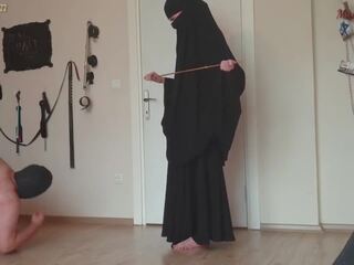 Muslim mistress canes fat slave